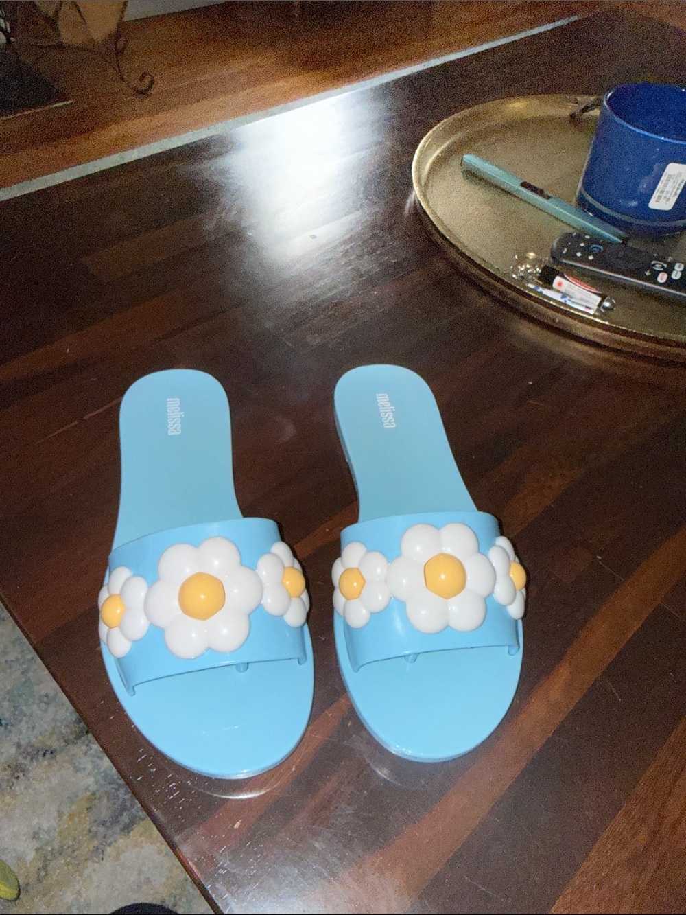 Blue Floral Slide Jelly Sandals with Daisy Accent